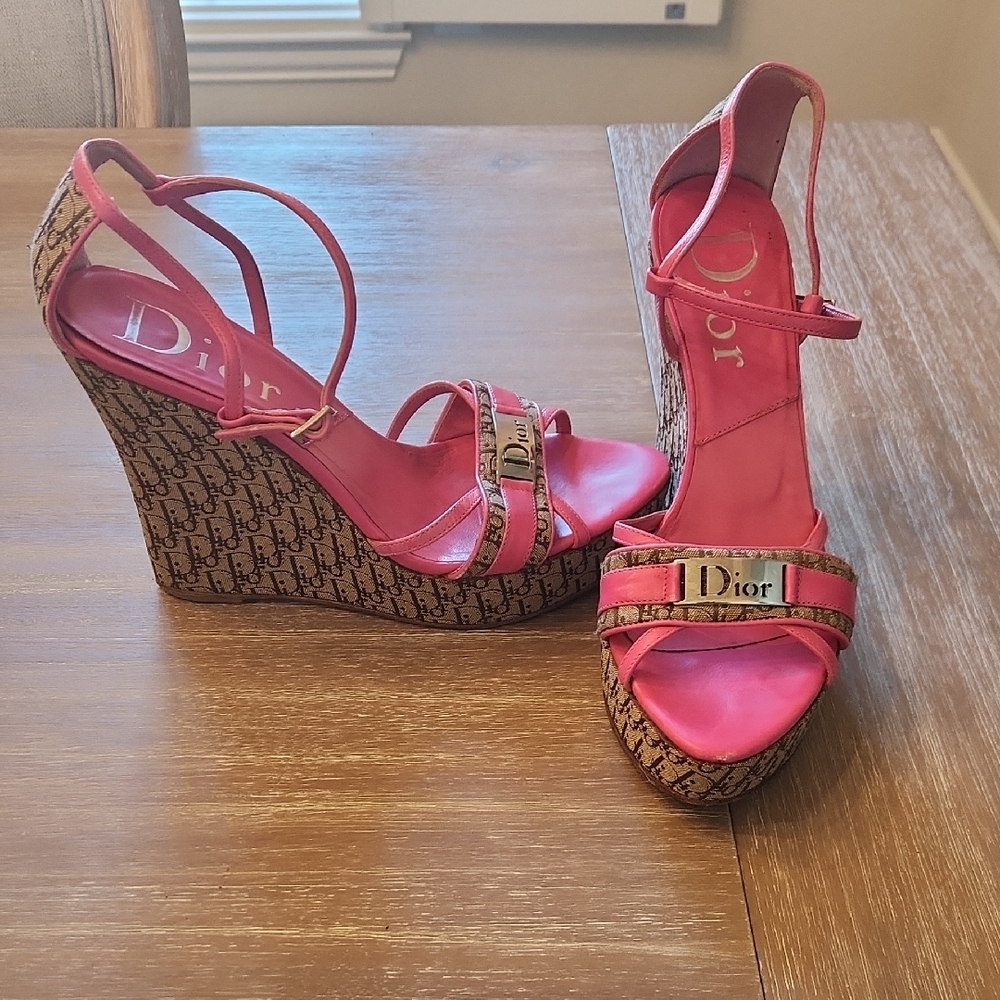 Dior Pink Wedge Monogram Sandals